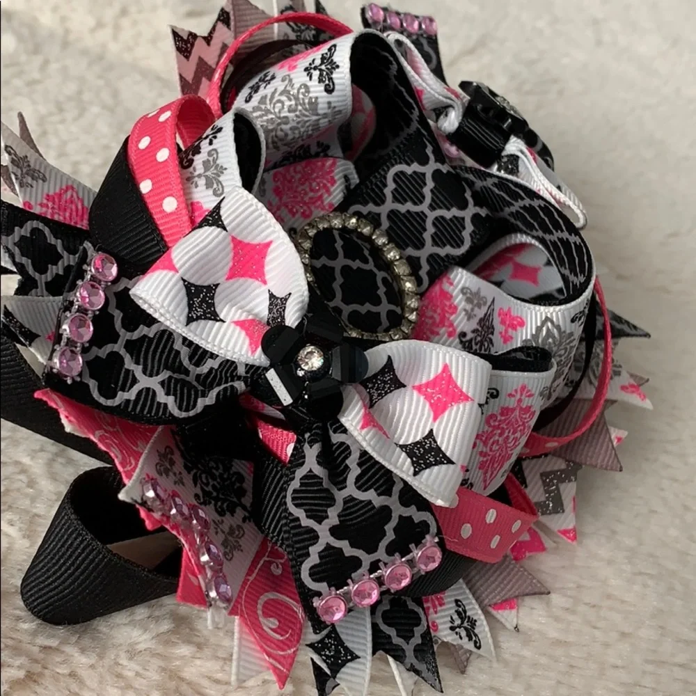 OTT Black & Pink Hair Bow snap clip rhinestones